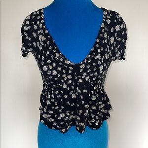 Lottie Moss Black and White Daisy Puff Sleeve Ruched Blouse